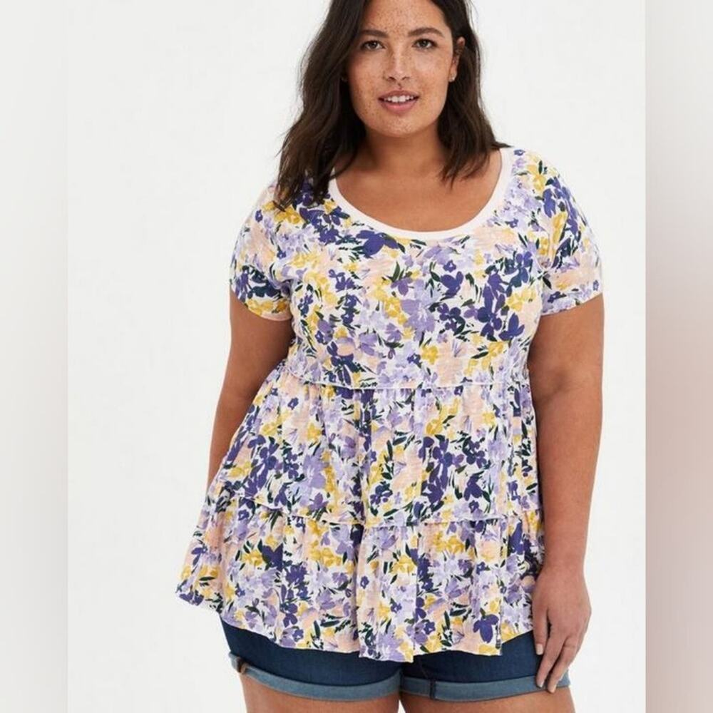 Torrid Babydoll peplum purple floral Slub Scoop Neck Tiered Top tunic plus sz 1X